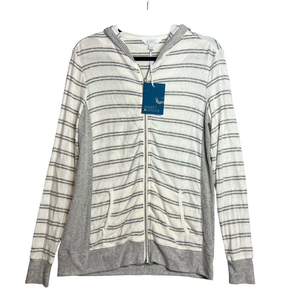 Market & Spruce Hoodie Cardigan Size M White Grey Striped Full Zip NWT‎